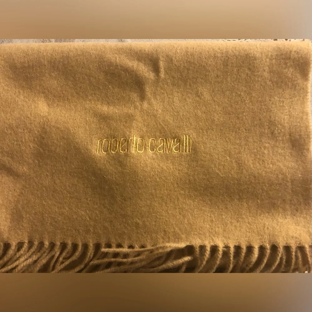 Vintage Roberto Cavalli Embroidered Camel Wool Scarf Fringe New 64X12